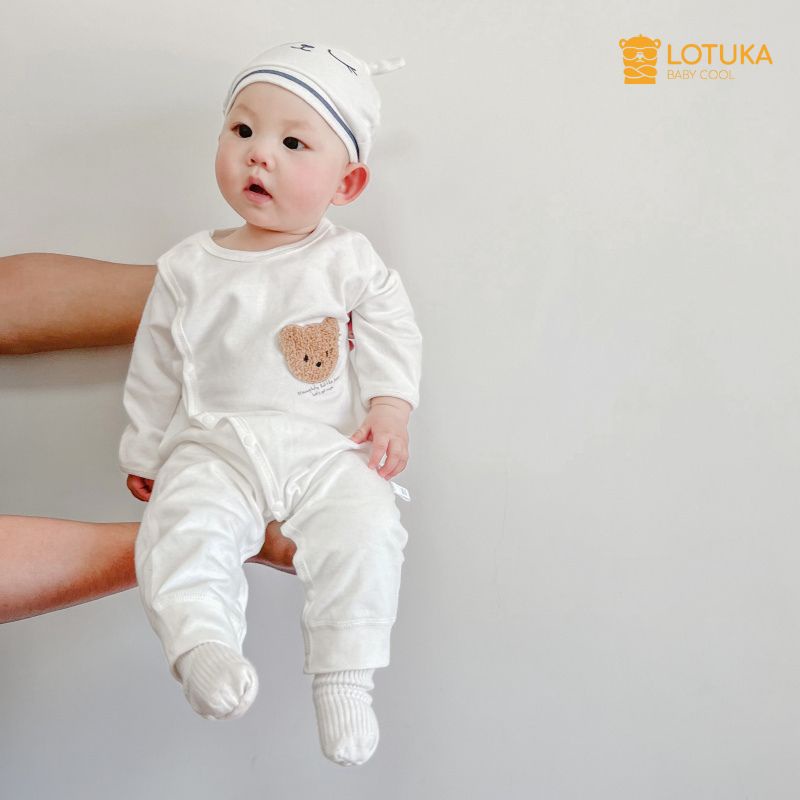 Bodysuit Dài Tay LOTUKA Đính Gấu Đáng Yêu Cho Bé 3-12kg, Bộ Đồ Liền Thân Chất Thun Cao Cấp