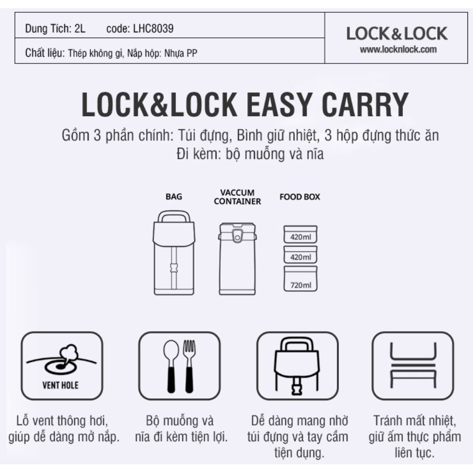 Bộ Hộp Cơm Giữ Nhiệt Lock&Lock Easy Carry 2L LHC8039 Có Túi (1 Hộp 720ml, 2 Hộp 420ml Kèm 1 Bộ Muỗng Và Nĩa)