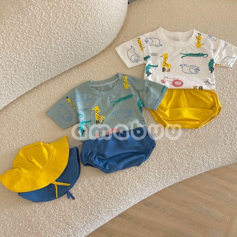 Bộ cộc tay cho bé trai bé gái , set quần áo hè trẻ em 4kg - 15kg kèm mũ chống nắng cho bé yêu
