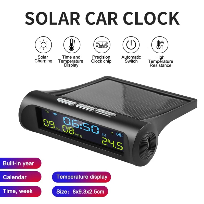 Đồng Hồ Điện Tử Năng Lượng Mặt Trời Có Màn Hình LCD Hiển Thị Nhiệt Độ Ngày Tháng Cho Xe Hơi