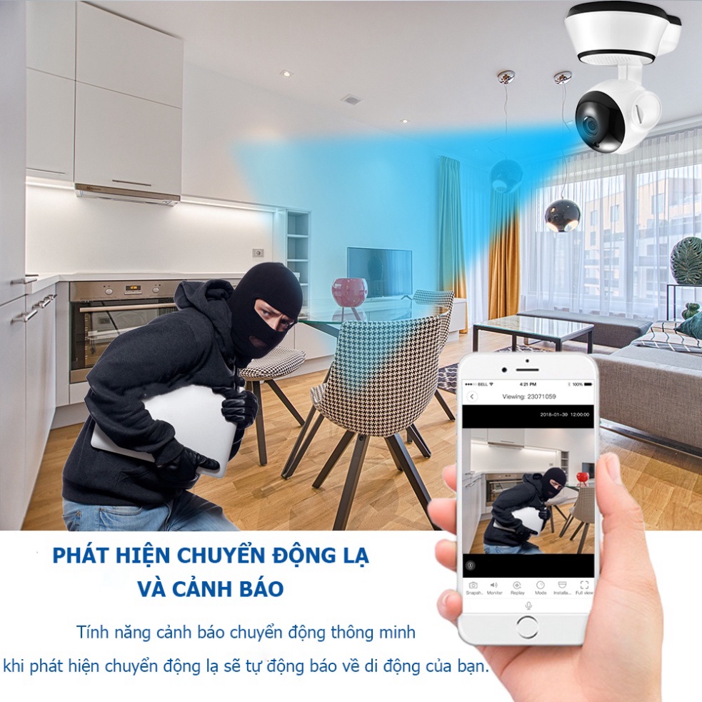 Máy quay giám sát gia đình xoay 360 độ WIFI-360 kết nối điện thoại, Camera an ninh 1080p HD 2 chế độ quay ngày đêm