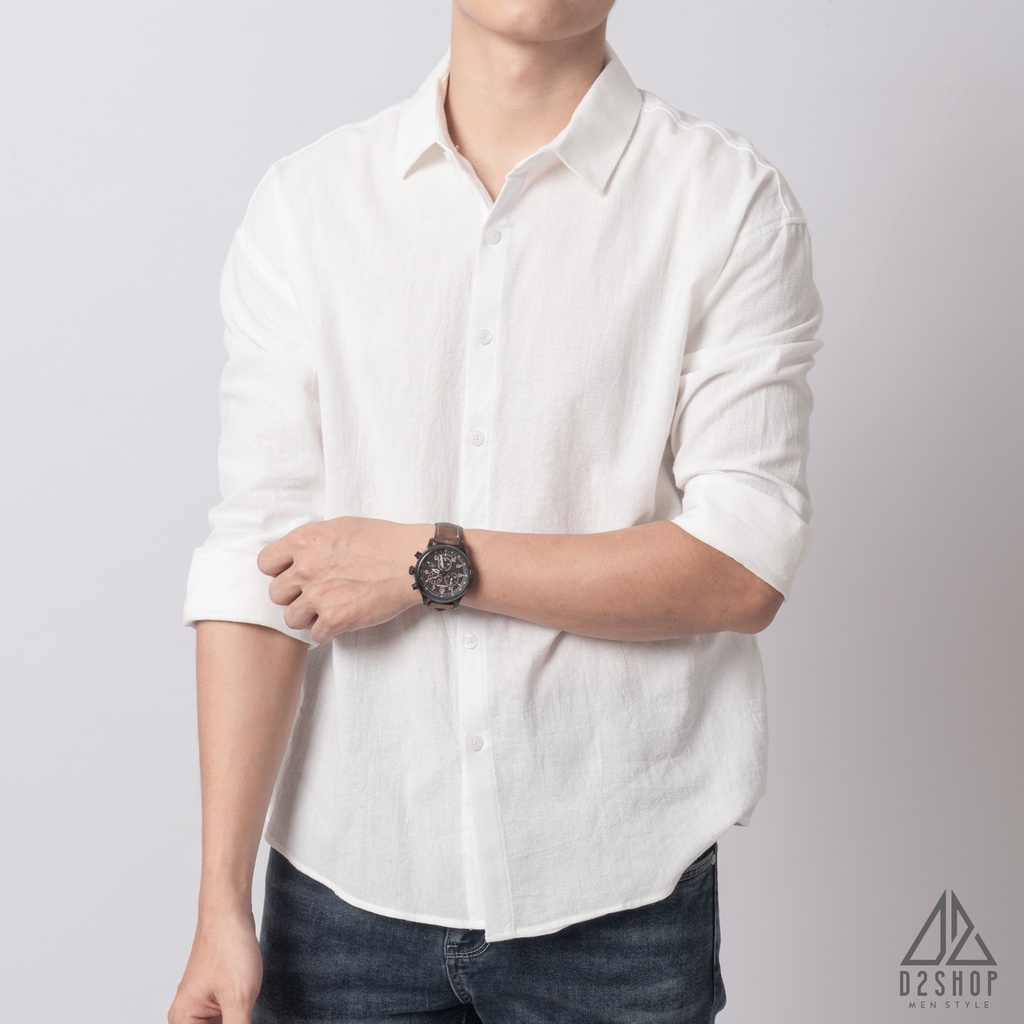 Áo sơ mi D2shop, áo sơ mi nam dài tay vải linen trơn, màu trắng
