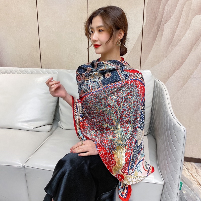 Khăn choàng cổ lụa cao cấp in hình cây size 90x180cm - Maben