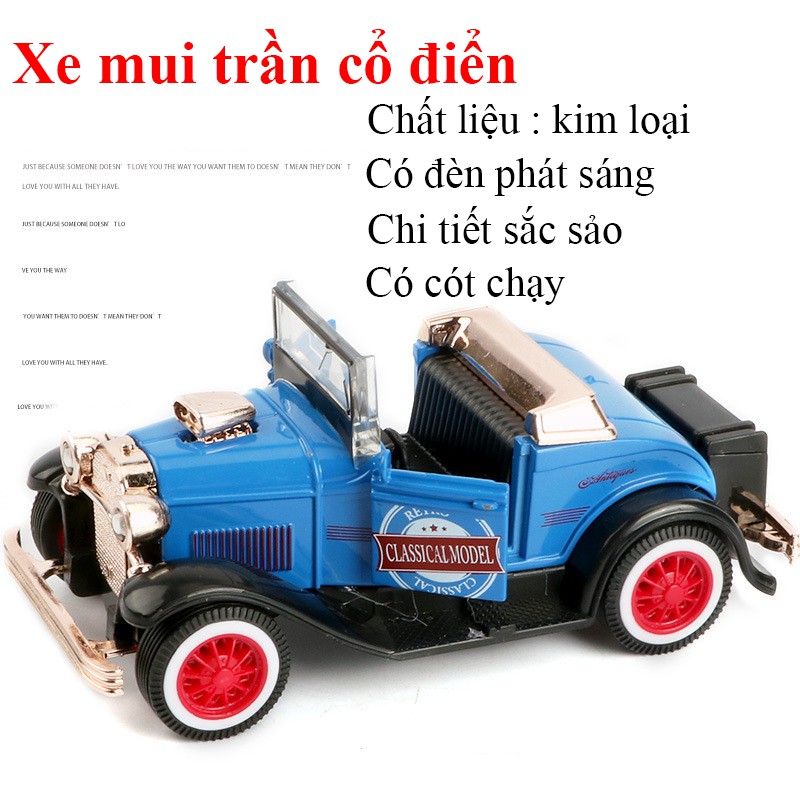 Xe đồ chơi mô hình xe ô tô mui trần kiểu cổ điển chất liệu kim loại, có đèn phát sáng, chạy cót chi tiết sắc sảo