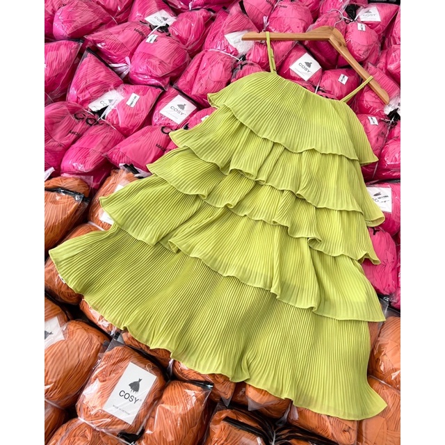 Váy maxi hai dây dập li bèo tầng 4 màu