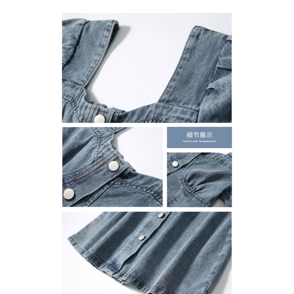 Đầm Denim Tay Phồng Dáng Chữ A Thời Trang Mùa Hè Pháp Thanh Lịch