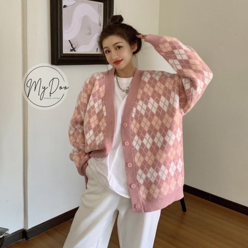 [ Trùm Sỉ Len ] Áo Cardeigan cộc tay - dài tay cho nữ hình thoi hồng xinh xắn - GL26