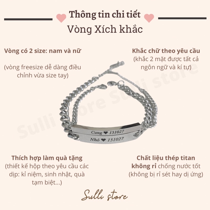 Vòng tay lắc tay cặp đôi nam châm trái tim nam nữ dây xích khắc chữ theo yêu cầu Sulli store