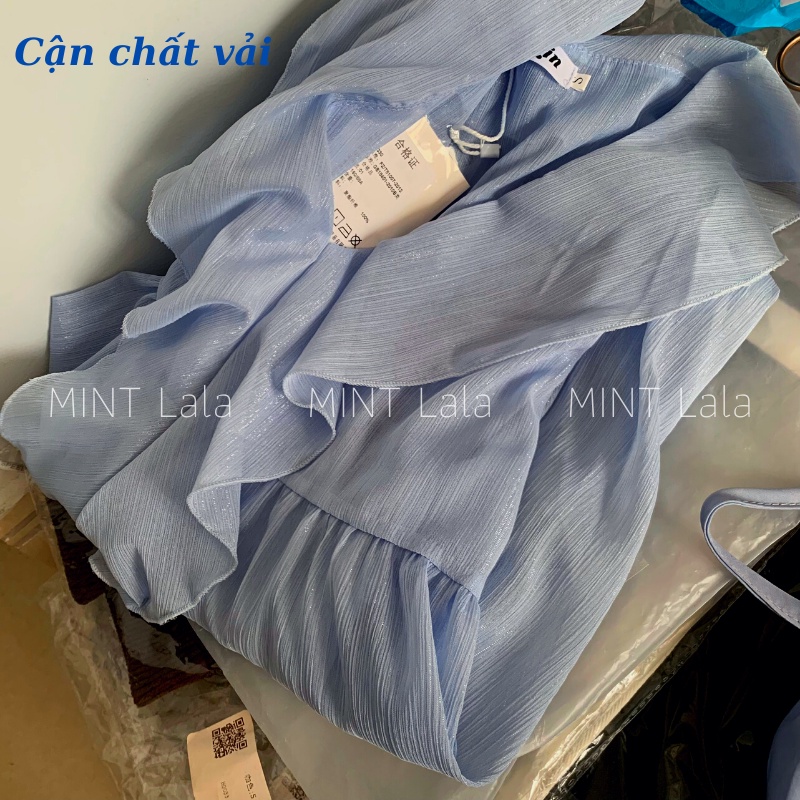 Set Áo Baby Doll Cổ Bèo Dài Tay Kèm Áo 2 Dây Xanh Tiểu Thư