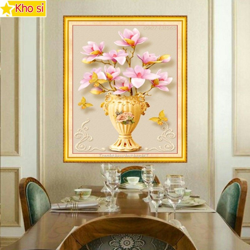 Tranh thêu bình hoa KT:57x70cm,tranh chưa thêu.Tặng kéo và xỏ chỉ