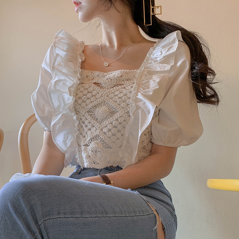 DUNEA Áo Ren Tay Phồng Cổ Vuông Quyến Rũ Thời Trang Cho Nữ