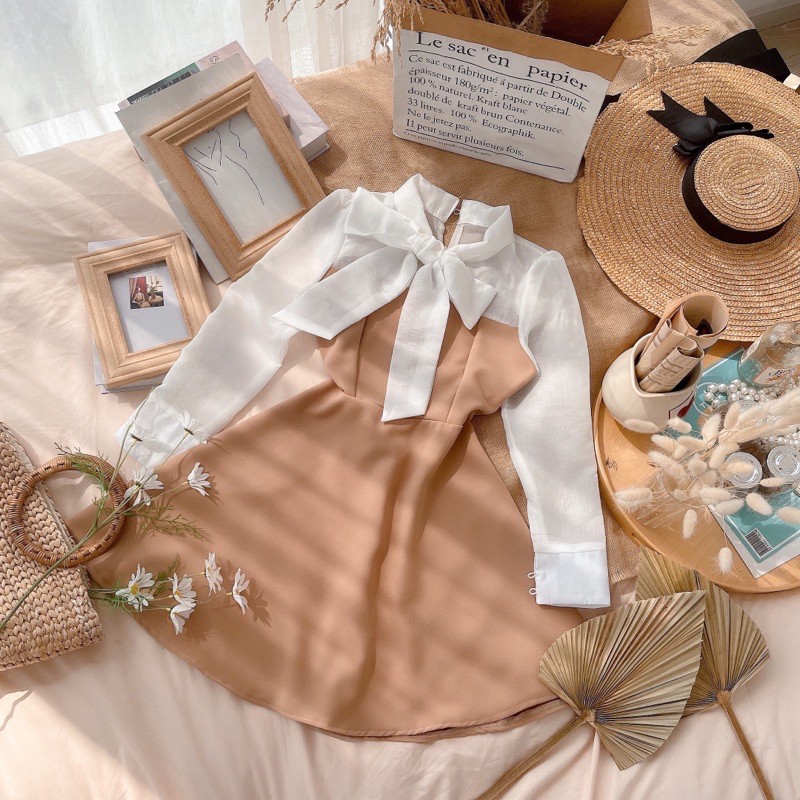 ĐẦM PHỐI ĐEN - KEM THẮT NƠ |hình thật chụp sàn|