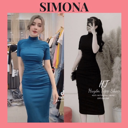 Váy Body Nhún SIMONA Đầm Ôm Sexy Nữ Cổ Cao nhún 2 Bên, Dáng Bó Eo Thun Tay Ngắn Thiết Kế