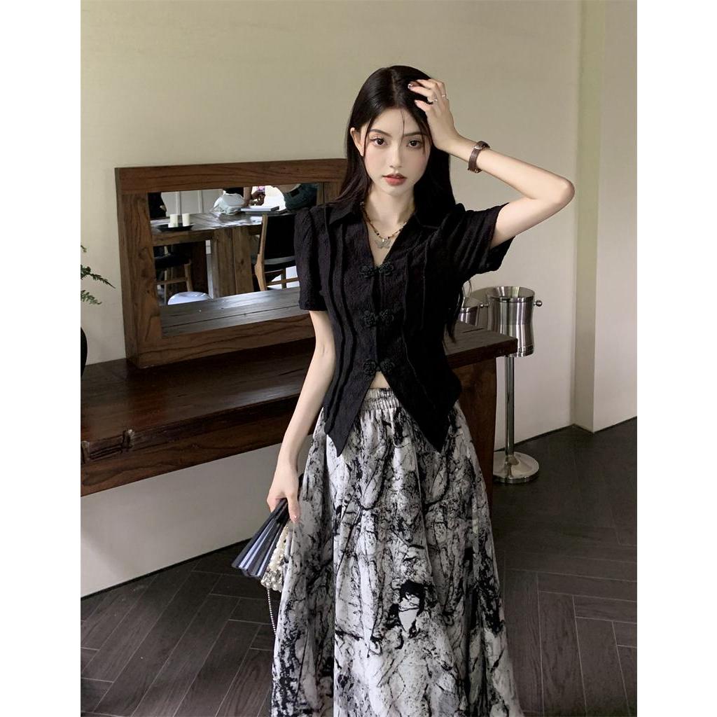 Đầm Sơ Mi Cổ Mép Lật Eo Cao Ngắn Tay Phong Cách Retro 63360