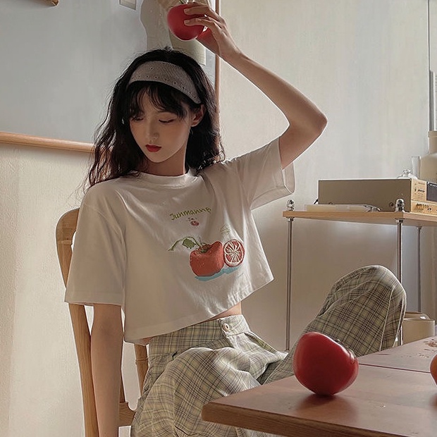 Áo thun croptop SUXI eo cao tay ngắn cổ tròn in hình trái cây đơn giản thời trang mùa hè cho nữ