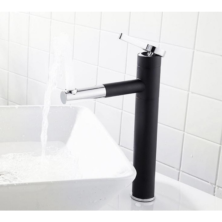 Vòi Lavabo, vòi chậu rửa mặt nóng lạnh điếu mỏ xi sơn tính điện Đen Bạc chất liệu đồng cao cấp