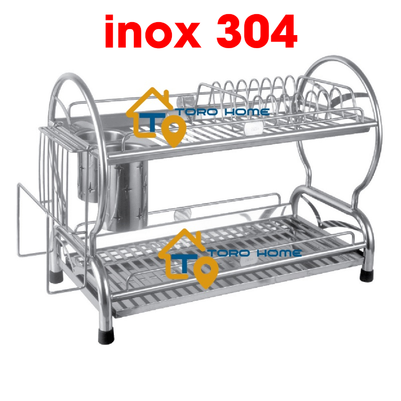 Kệ chén dĩa inox 304 KC-22 loại 2 tầng Chân đứng đặt bàn Toro Home, kệ úp bát đĩa nhà bếp, ống đũa, cài dao thớt