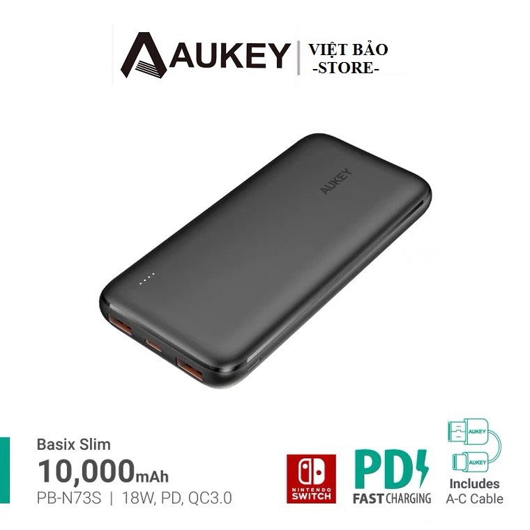 Pin Dự Phòng Siêu Mỏng Basix Slim Aukey N73S, 10000mah, 3 cổng sạc, sạc nhanh PD 18W