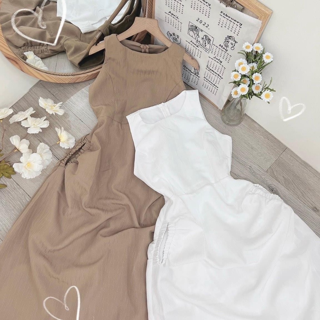[8.8 Sales Freeship] Đầm lụa nữ vintage. đầm sát nách dáng suông dài phối túi hông nhẹ nhàng, quyến rũ