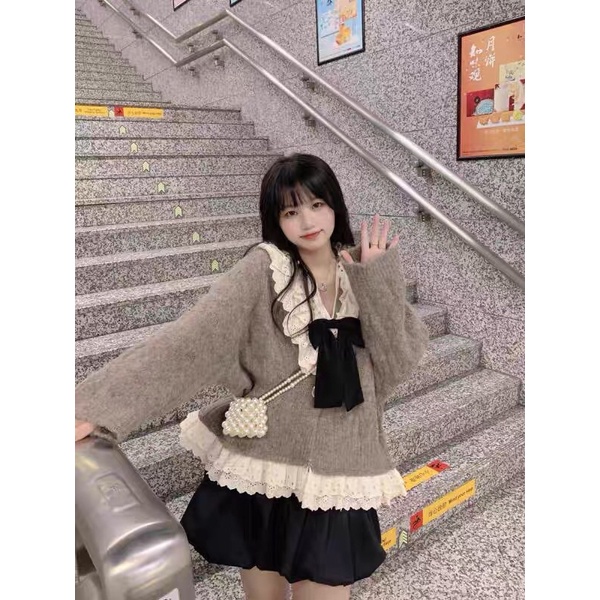 Áo len cardigan + váy ngắn hai mảnh phù hợp với phụ nữ