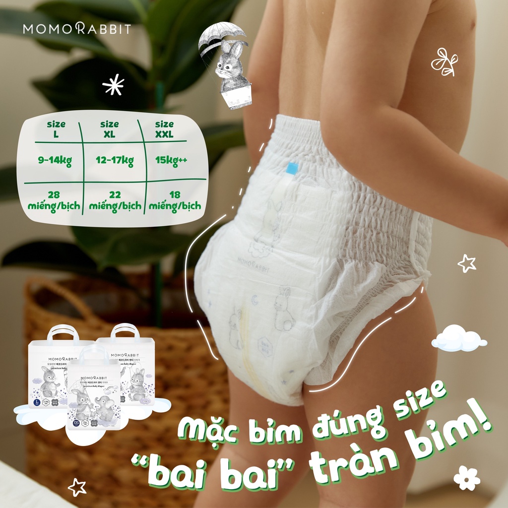 Tã quần ban đêm cho bé MOMO RABBIT PREMIUM L28 XL22 XXL18, Bỉm quần Hàn Quốc - Monnie Kids