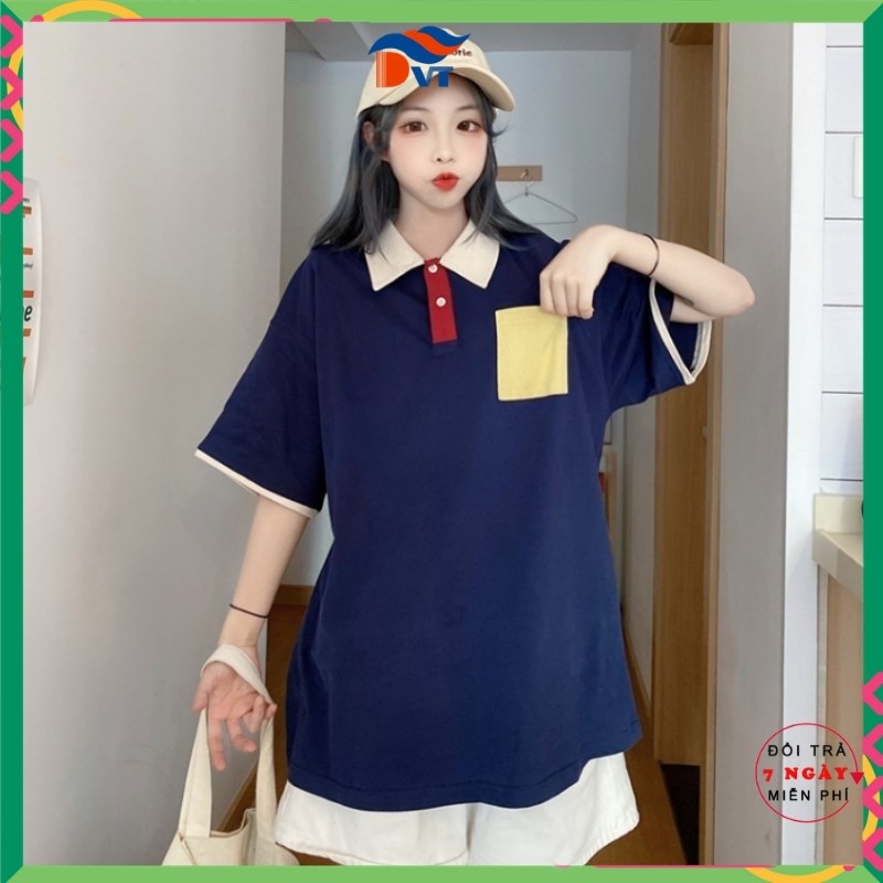 Áo polo Ulzzang DVT Cotton Color Block Mùa Hè Cá Tính A24