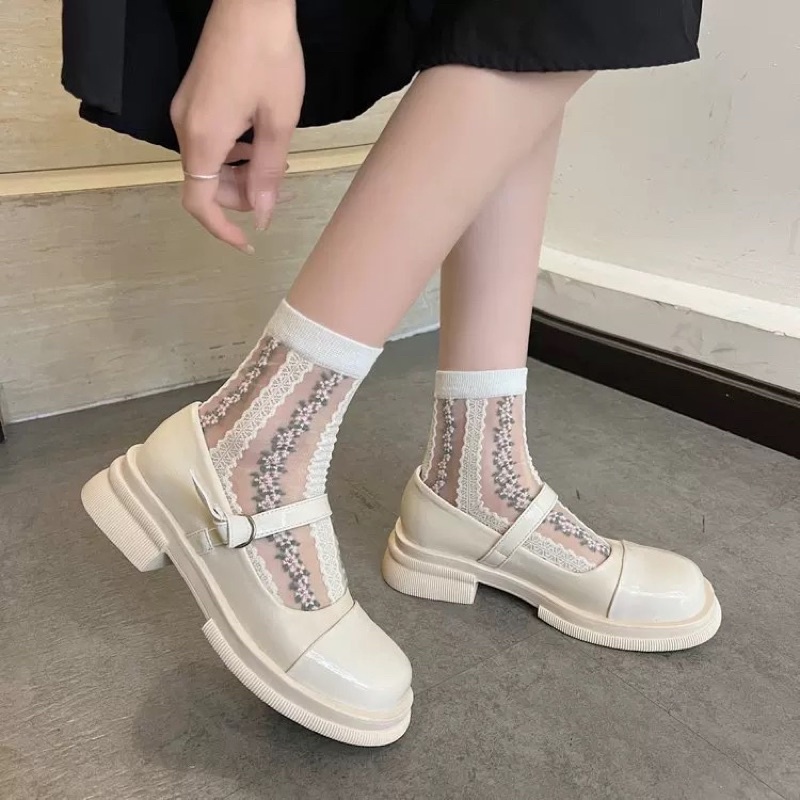Giày búp bê dây cài da bóng, giày búp bê lolita đế cao 3p