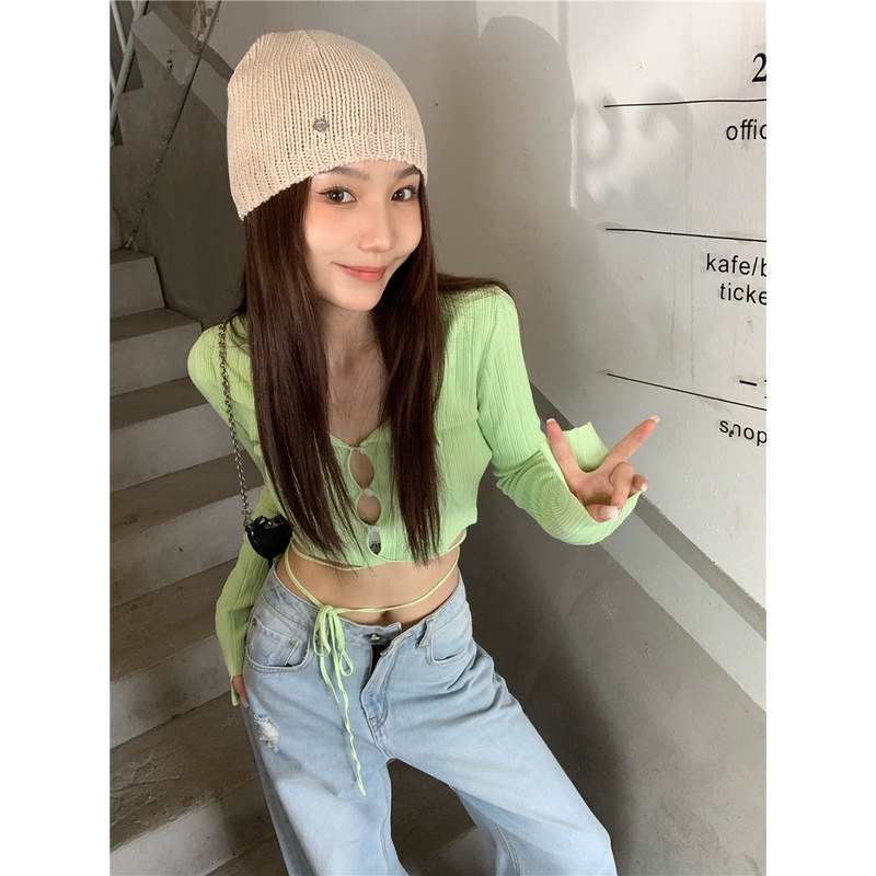 QADCOL  Áo Sweater Dệt Kim Tay Dài Dáng Ôm Cột Dây Trẻ Trung Quyến Rũ Dành Cho Nữ