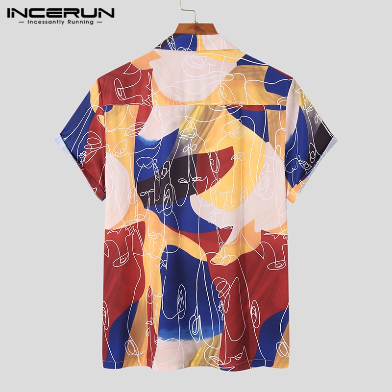 Áo sơ mi INCERUN tay ngắn cổ bẻ in họa tiết thời trang cho nam
