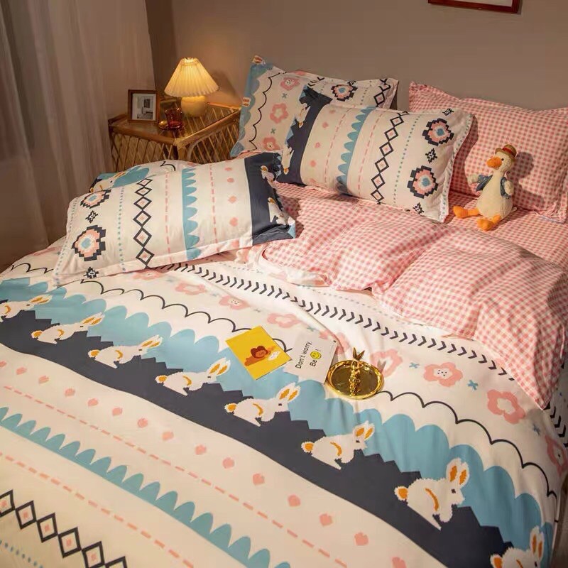 Set Chăn Ga Cotton PoLy Thỏ Hoa Tim Ga Kẻ Caro Trắng Hồng Chất Bền Shinbedding.shop