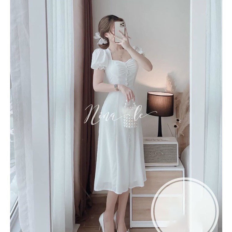 [HCM] Đầm Nữ Dự Tiệc Đũi Nhăn Tay Bèo Phối Nút Bọc Thời Trang Nữ Sam Closet Free Size 40-55kg