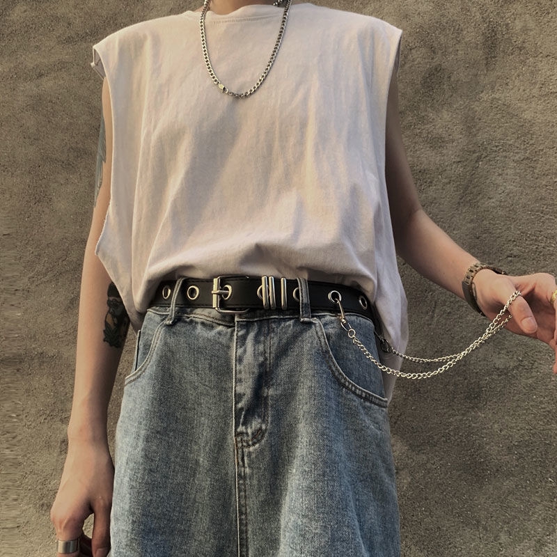 Thắt lưng da PU 22534 thiết kế đục lỗ phối dây xích thời trang punk dễ phối đồ cho nam và nữ