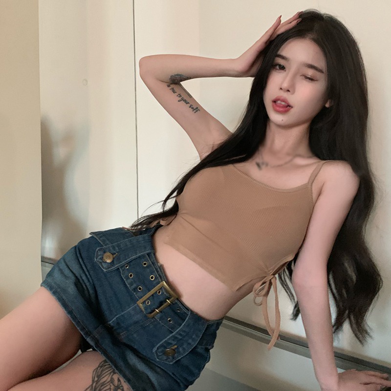 Áo Hai Dây Màu Sắc Trơn Thiết Kế Khoét Lỗ Phong Cách Hàn Quốc Cho Nữ