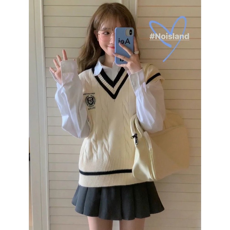 COZOK Set áo len không tay + áo sơ mi tay dài dáng rộng phong cách thời trang hàn quốc