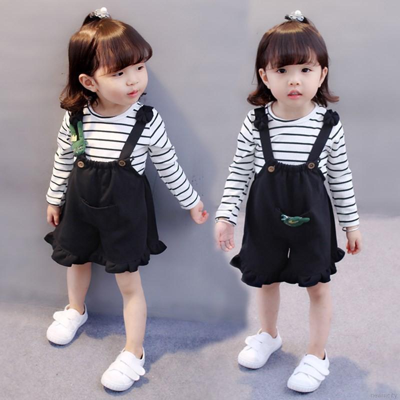 Set áo thun kẻ sọc + quần yếm dễ thương cho bé gái