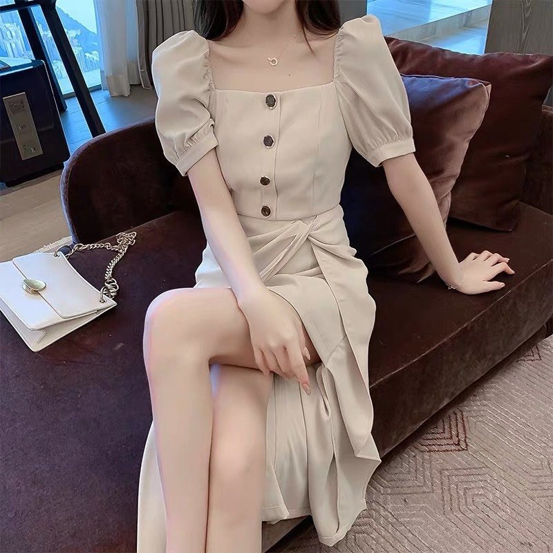 [Mã SKAMA06 giảm 8% tối đa 50K đơn 250K] VNU313 - VÁY CỔ VUÔNG 4 KHUY XẺ TÀ BÊN | BigBuy360 - bigbuy360.vn