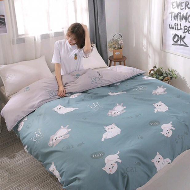 Bộ chăn ga gối cotton poly hàng nhập khẩu- họa tiết mèo xanh-không bao gồm ruột(miễn phí bo chun theo size)