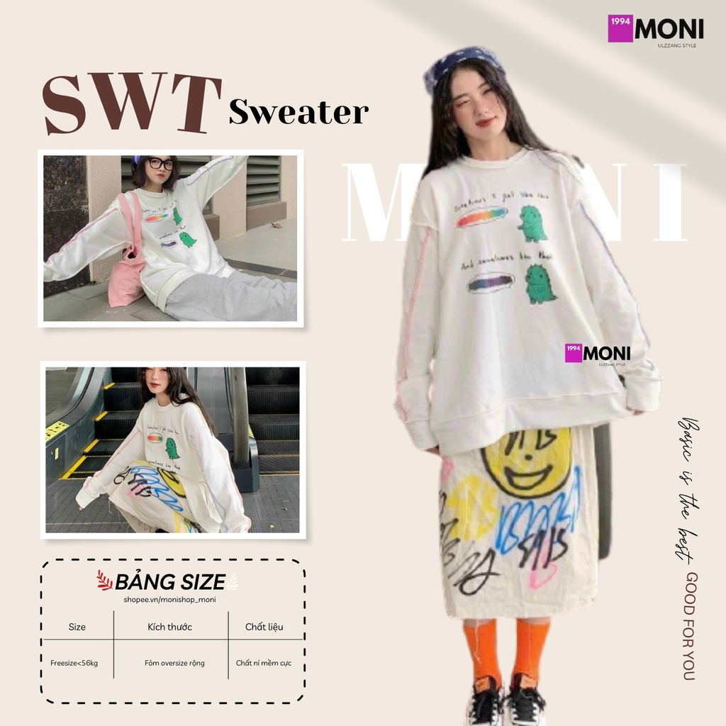 Áo sweater form rộng tay dài cổ tròn viên dọc tay màu trắng