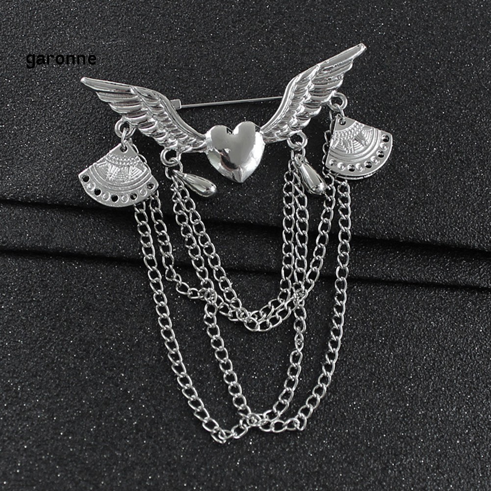 GA_Retro Angel Wing Heart Shirt Suit Collar Tip Lapel Brooch Pin with Chain Tassel