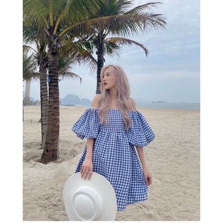 Đầm Babydoll caro Màu Xanh Tươi Mát Tay Phồng