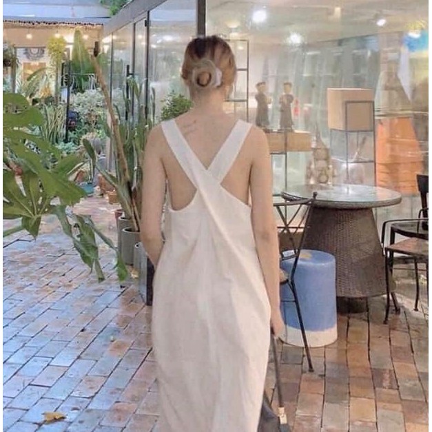 Đầm maxi 2 dây bản to - Dáng suông rộng đan chéo lưng chất đũi lụa nhẹ mềm mát - CM Fashion