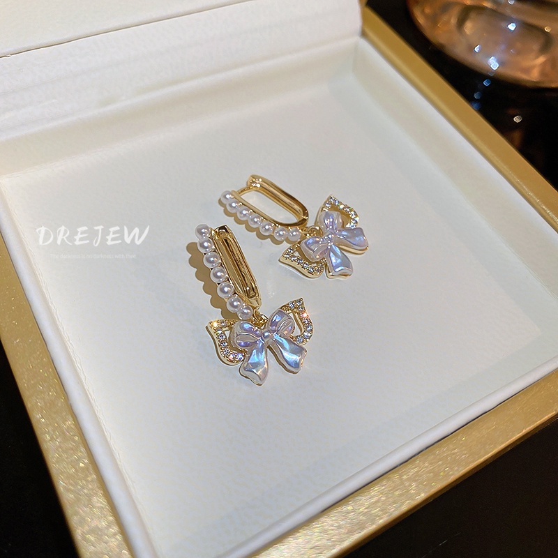 DREJEW Khuyên tai đính đá ngọc trai giả phong cách Pháp sang trọng