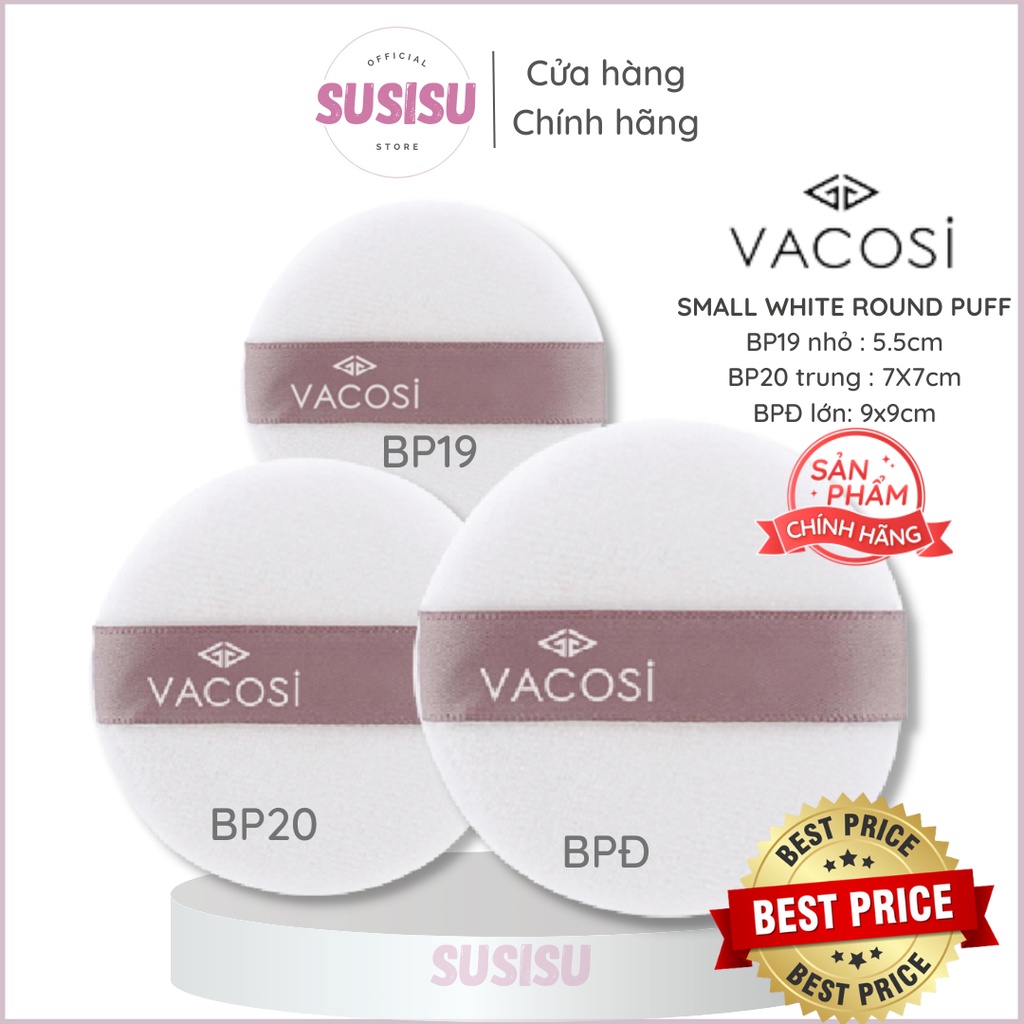 Bông phấn khô tròn nhỏ/ trung/ lớn Vacosi BP19 / BP20 -VACOSI SMALL / MEDIUM / LARGE WHITE ROUND PUFF