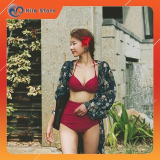 Bikini tắm biển 2 mảnh màu đỏ, quần cạp cao nile store bkn06