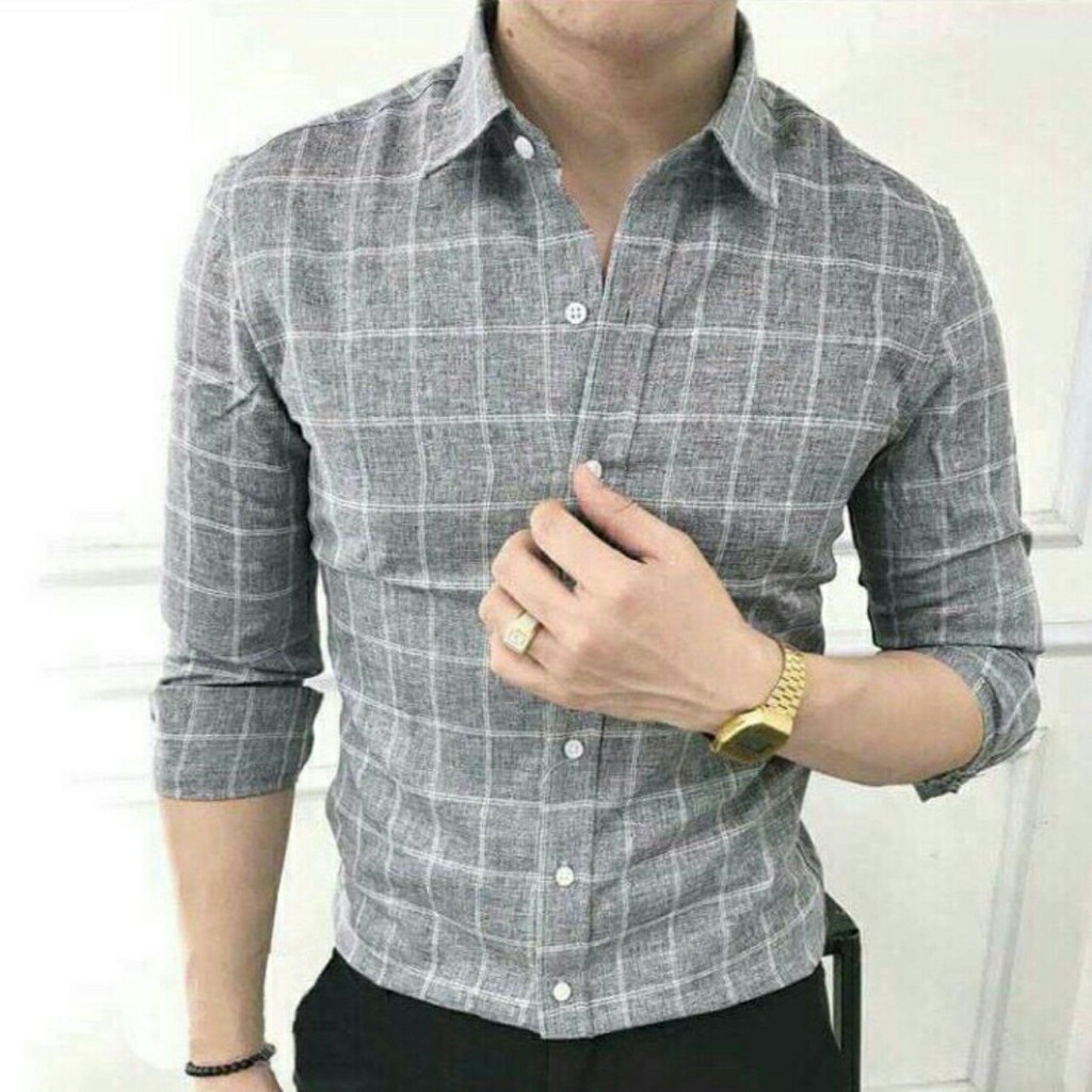 Sơ mi kẻ caro xám Nam cổ bẻ chất đũi đẹp