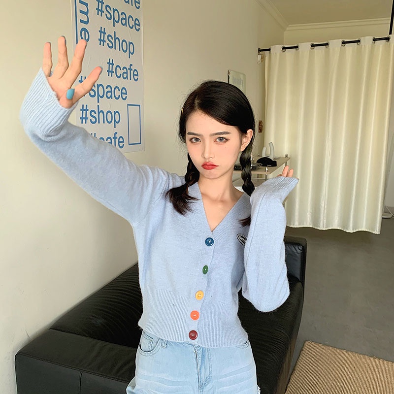 QKOOLE Áo khoác cardigan  dệt kim tay dài cổ chữ V phong cách Hàn Quốc dành cho nữ