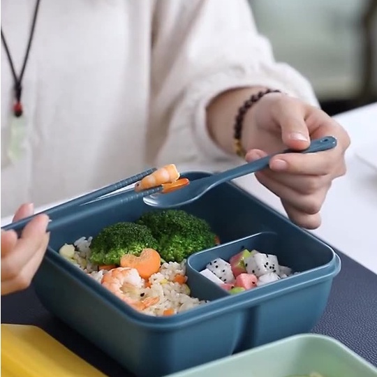 &lt;Video Review&gt;Hộp Đựng Cơm Văn Phòng Trường Học 2 Ngăn Lớn Lunch Box 850ml Màu Trơn Dùng Lò Vi Sóng Kèm Đũa + Thìa A195