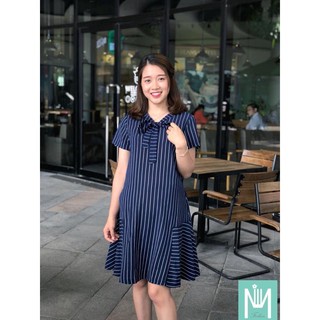 Váy bầu lụa cộc tay nơ kẻ