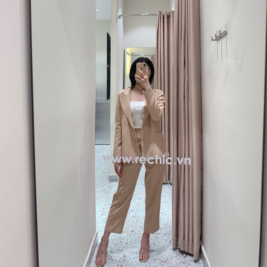 RECHIC Set Áo vest Blazer công sở + quần tây ống đứng Hailey màu be phong cách Hàn Quốc xinh xắn dễ thương