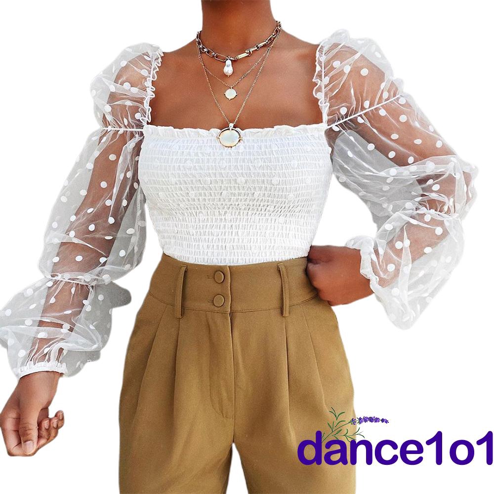 Áo Nữ Tay Dài Cổ Chữ U Họa Tiết Chấm Bi Thời Trang